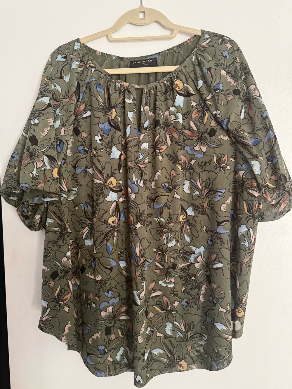 Lane Bryant Olive Floral Bubble-Sleeve Blouse, Size 22/24